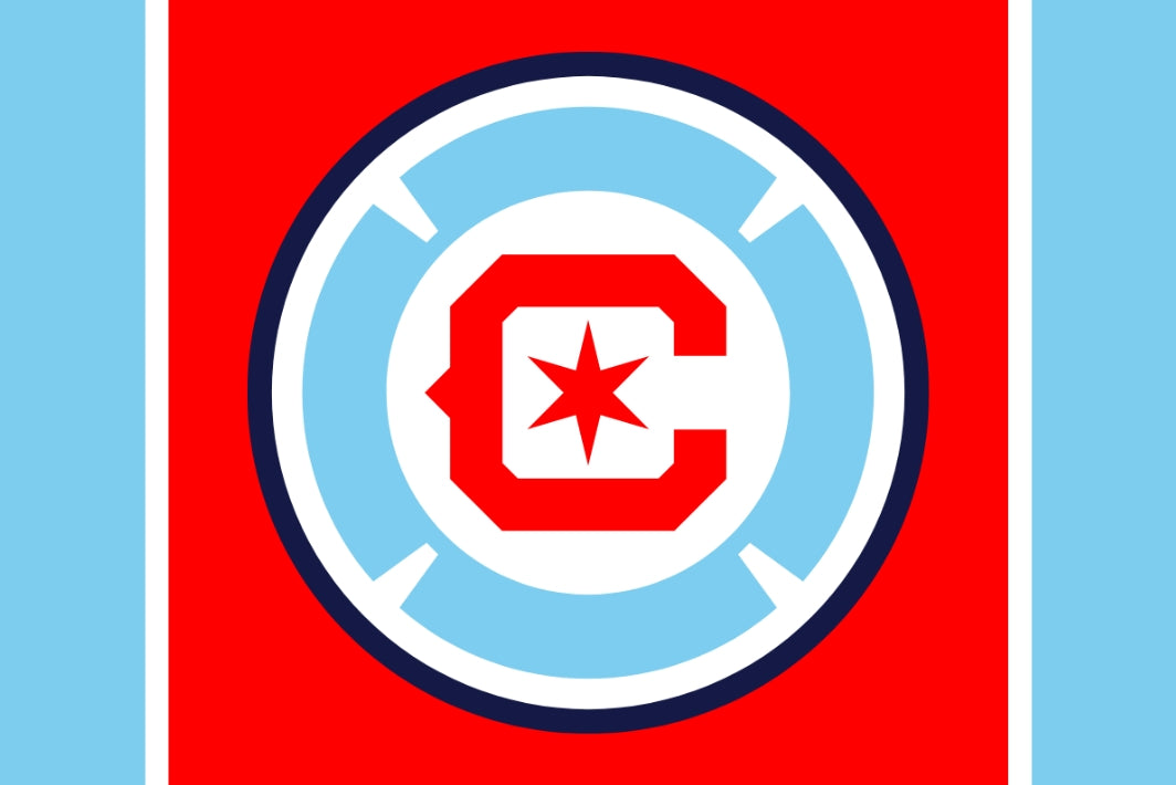 Chicago Fire FC Logo with a red 'C' and star on a blue and white circular design against a red background