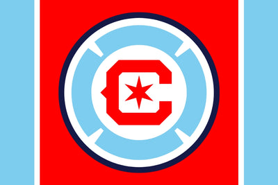 Chicago Fire FC Logo with a red 'C' and star on a blue and white circular design against a red background