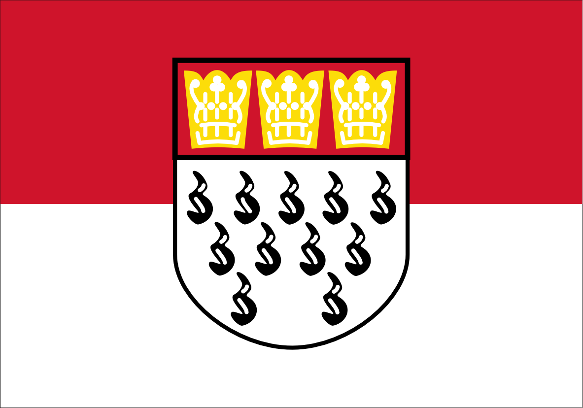 Cologne Flag. A red and white horizontal bicolor flag with a central shield containing three gold crowns on the upper half and black heraldic marks on the lower half.
