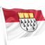 Cologne Flag. A small flag on a white pole, featuring a red and white horizontal bicolor with a black shield and three gold crowns in the upper half, shown against a plain white background.