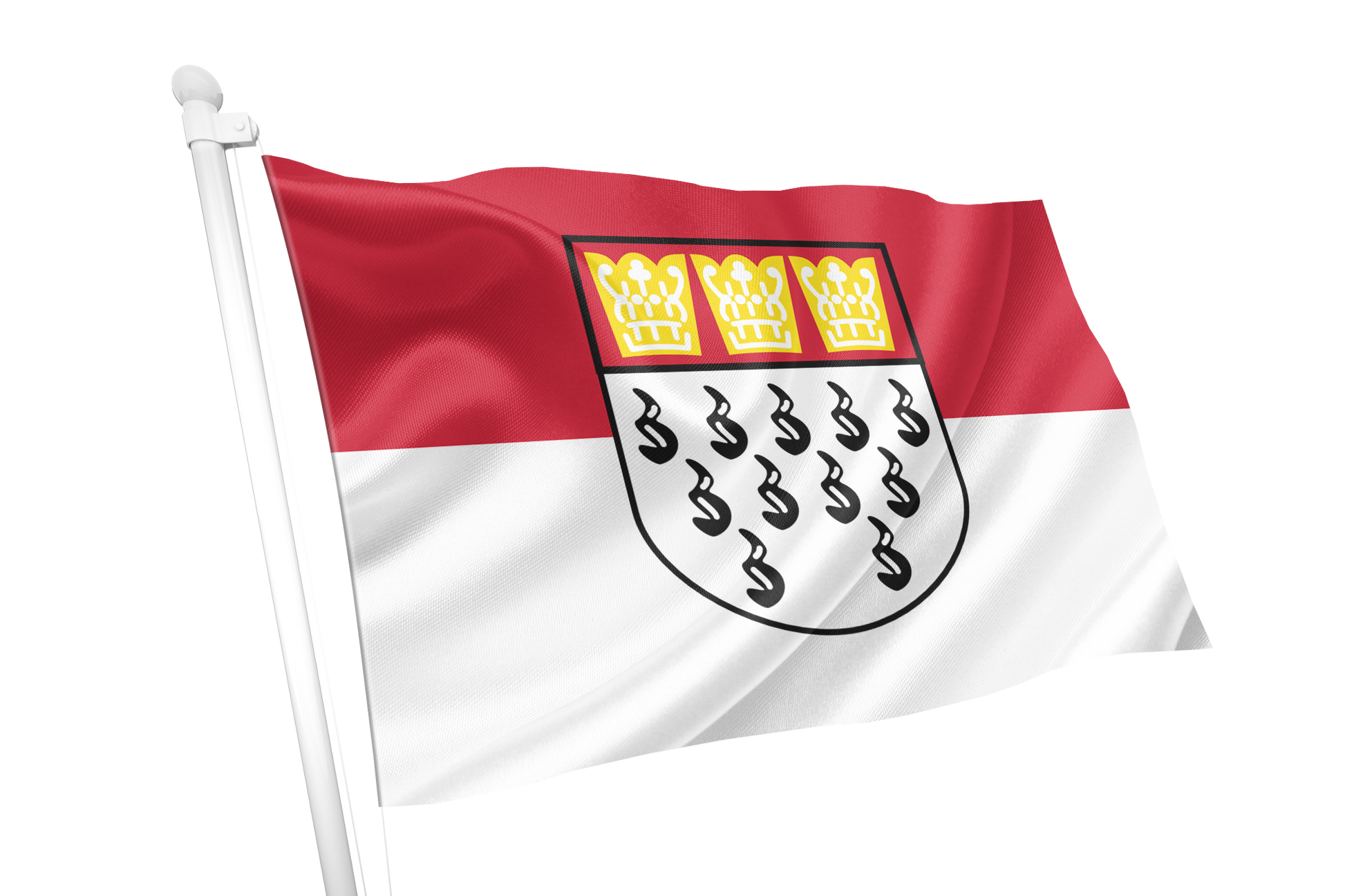 Cologne Flag. A small flag on a white pole, featuring a red and white horizontal bicolor with a black shield and three gold crowns in the upper half, shown against a plain white background.