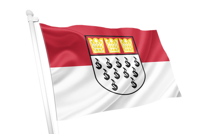Cologne Flag. A small flag on a white pole, featuring a red and white horizontal bicolor with a black shield and three gold crowns in the upper half, shown against a plain white background.
