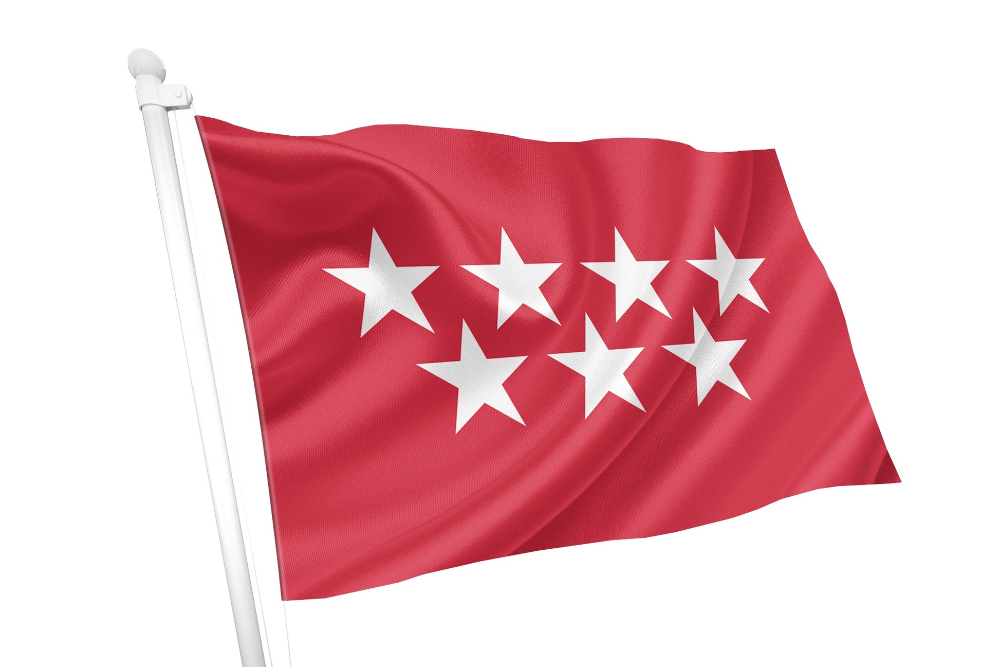 Community of Madrid Flag. red flag with 7 white stars flying on white background.