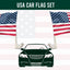 USA car flag set graphic showing two American flags mounted on poles above a black car silhouette, with the text 'USA CAR FLAG SET' at the top.