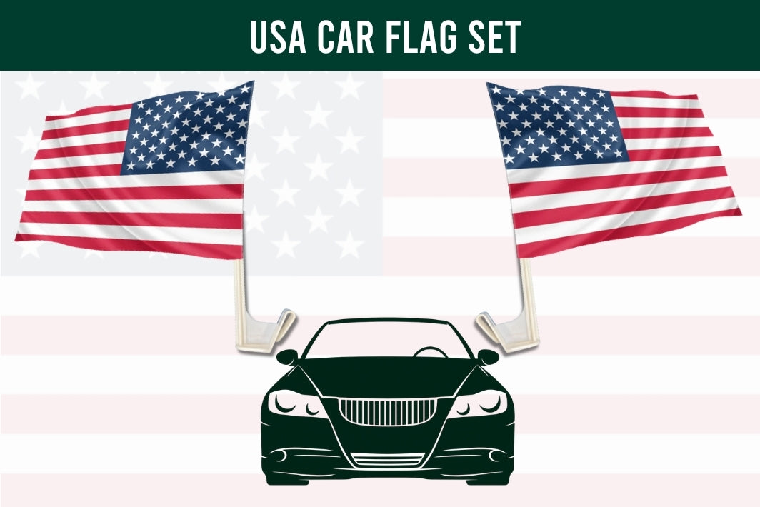 USA car flag set graphic showing two American flags mounted on poles above a black car silhouette, with the text 'USA CAR FLAG SET' at the top.