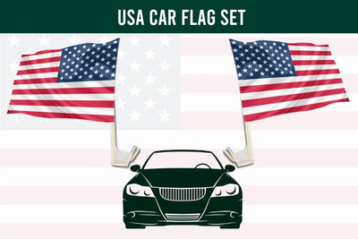 USA car flag set graphic showing two American flags mounted on poles above a black car silhouette, with the text 'USA CAR FLAG SET' at the top.