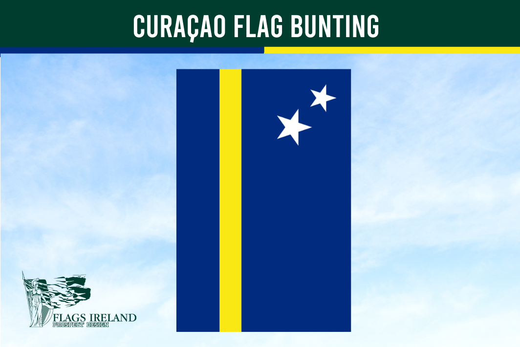 Curação flag bunting with a blue background and yellow stripe featuring two white stars.