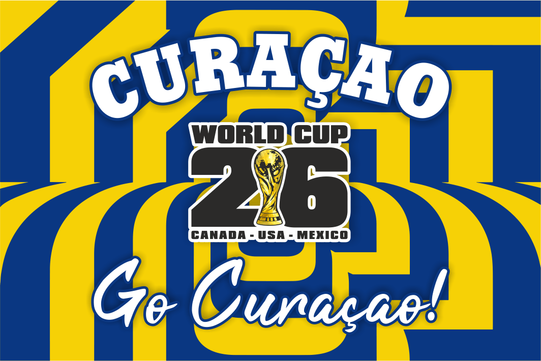 Promotional graphic for Curaçao's participation in the 2026 World Cup with blue and yellow stripes.