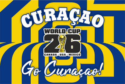 Promotional graphic for Curaçao's participation in the 2026 World Cup with blue and yellow stripes.