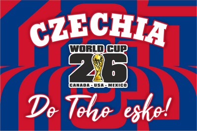 Promotional graphic for Czechia's participation in the 2026 World Cup with national colors and text.