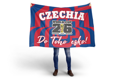 Person holding a flag with 'Czechia' and World Cup 2026 branding on a white background