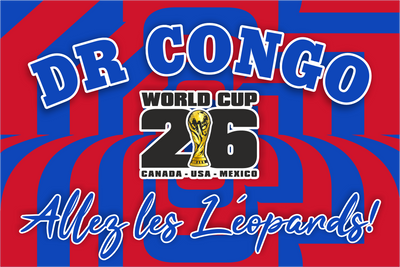 Promotional graphic for DR Congo's participation in the 1974 World Cup with text and logo.