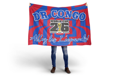 Person holding a large flag with 'DR Congo' and World Cup 2026 text on a white background