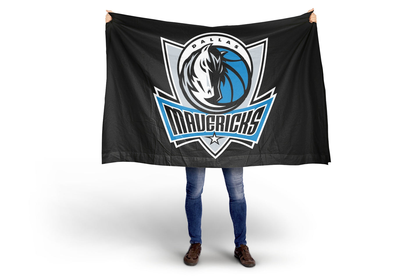 Person holding a Dallas Mavericks flag against a white background