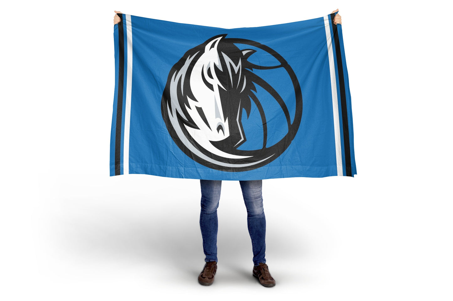 Person holding a Dallas Mavericks blue flag with a logo on a white background