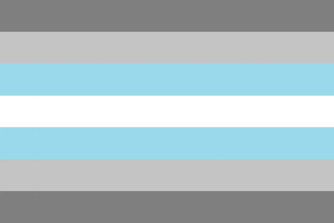 Demiboy Pride Flag Color swatch with horizontal stripes of gray, white, and light blue.