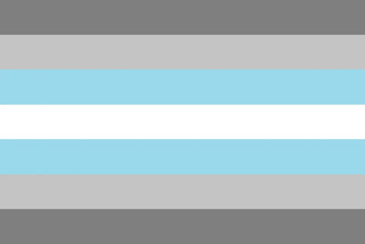 Demiboy Pride Flag Color swatch with horizontal stripes of gray, white, and light blue.