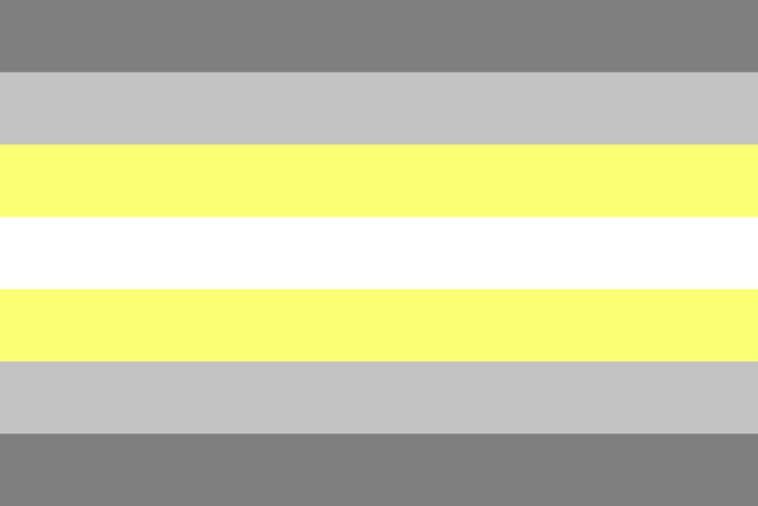 Demigender Pride Flag Color swatch with horizontal stripes of gray, white, and yellow