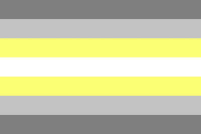 Demigender Pride Flag Color swatch with horizontal stripes of gray, white, and yellow