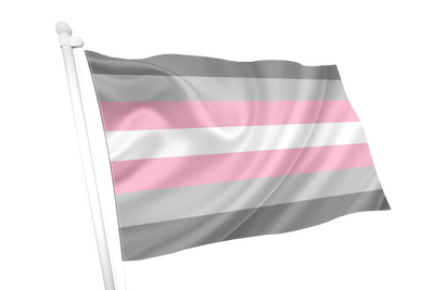 Demigirl Pride Flag with pink, gray, and white stripes on a white background