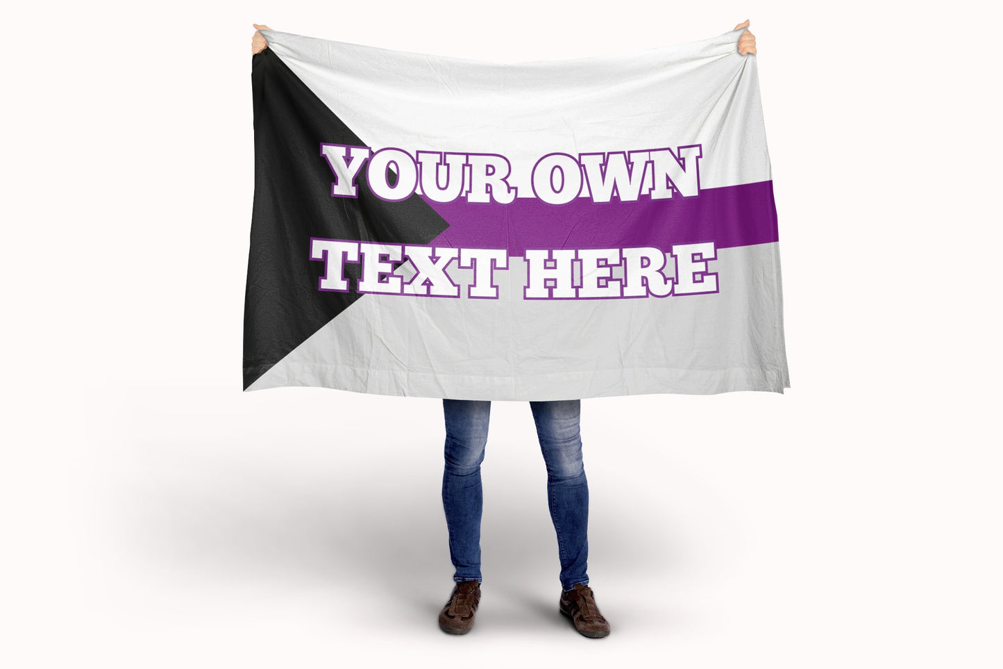 Person holding a demisexual customizable flag with text area on a white background