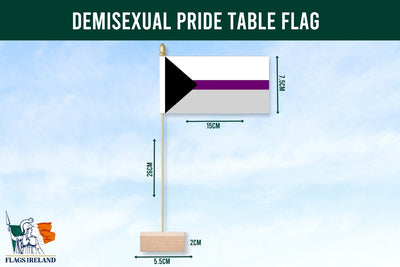Demisexual pride table flag with measurements and Flags Ireland logo.