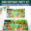 Dino-themed birthday personalised party kit with bunting, banner, and tablecloth.