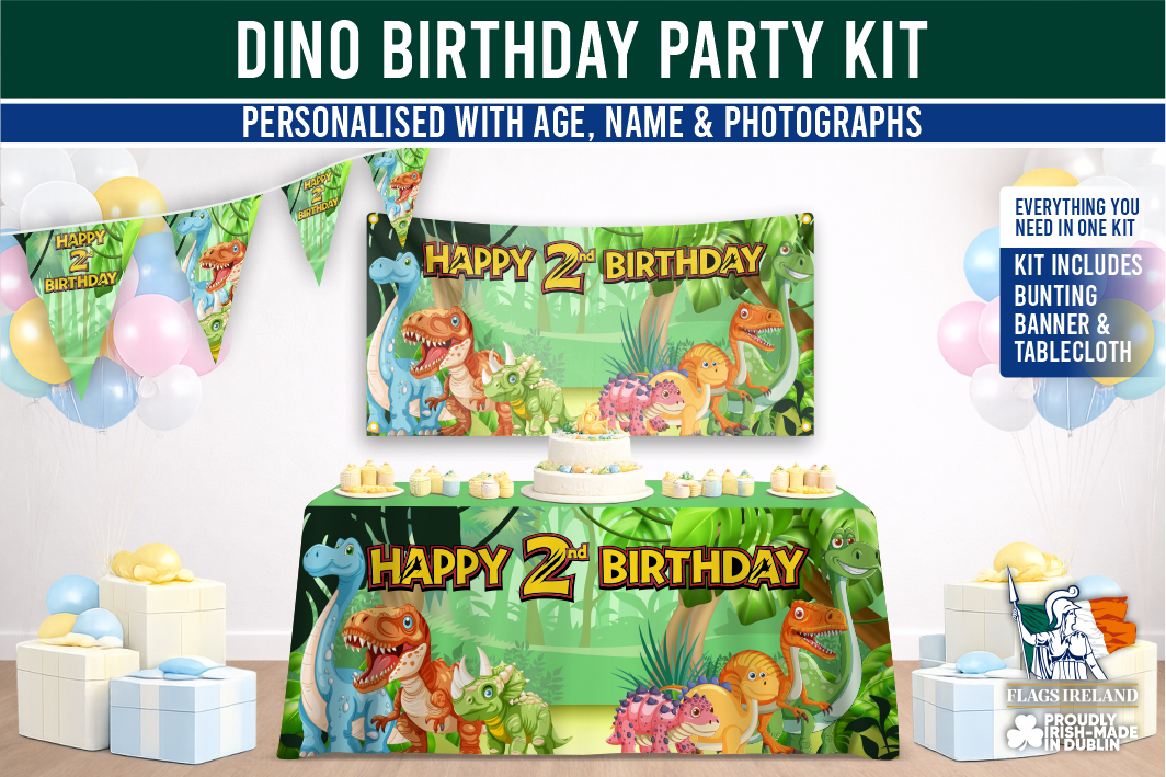 Dino-themed birthday personalised party kit with bunting, banner, and tablecloth.