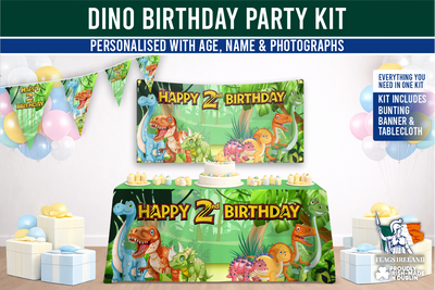 Dino-themed birthday personalised party kit with bunting, banner, and tablecloth.