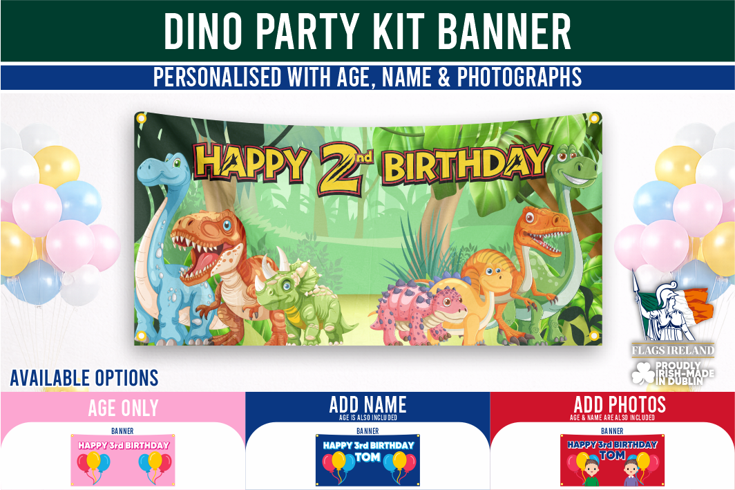 Dinosaur-themed personalised birthday party kit banner.