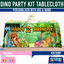 Dinosaur-themed birthday party tablecloth with customizable age and name options.