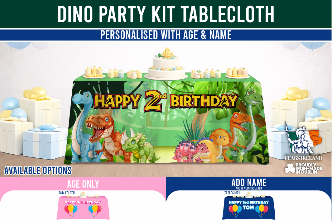 Dinosaur-themed birthday party tablecloth with customizable age and name options.
