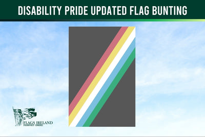 Disability pride flag bunting with a gray background and colorful stripes, branded with 'Flags Ireland'.