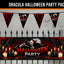 Halloween party decoration set featuring a large banner and matching pennant banners with a Dracula theme, displayed against a spooky gray background with a black fence and candles.