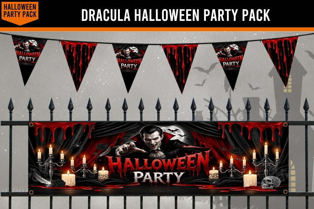 Halloween party decoration set featuring a large banner and matching pennant banners with a Dracula theme, displayed against a spooky gray background with a black fence and candles.