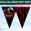 Halloween party bunting banner design featuring two inverted triangular flags on a light blue sky background. One flag is black with red dripping blood graphics, and the other features a vampire illustration with 'HALLOWEEN PARTY' text.