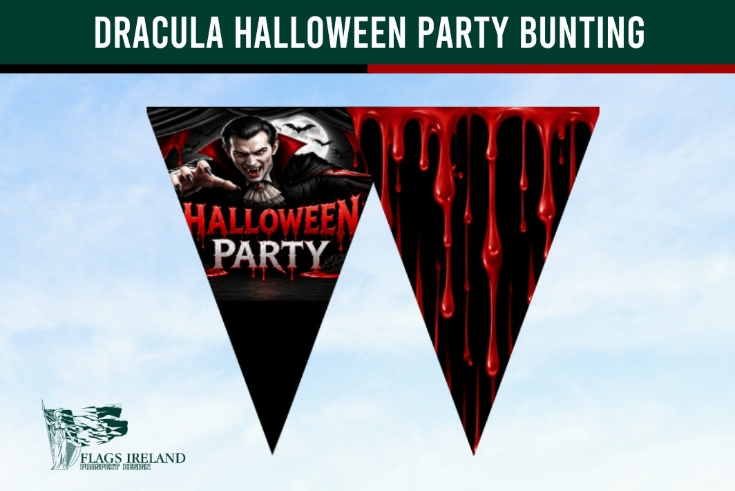 Halloween party bunting banner design featuring two inverted triangular flags on a light blue sky background. One flag is black with red dripping blood graphics, and the other features a vampire illustration with 'HALLOWEEN PARTY' text.