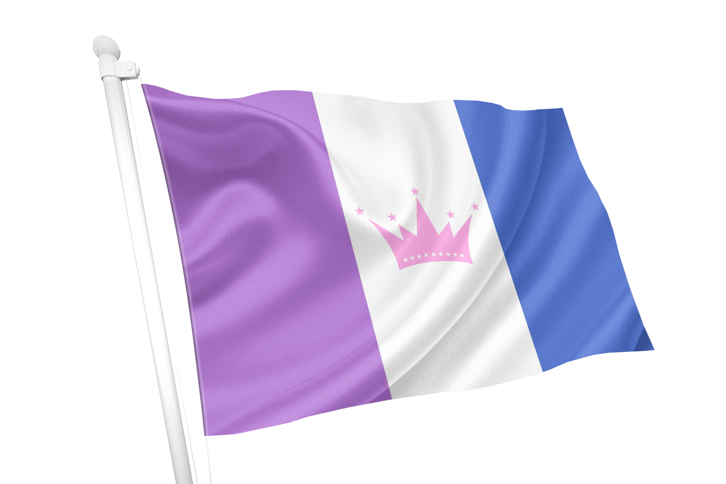 Drag Pride Flag with purple, white, and blue horizontal stripes and a pink crown in the center on a white background.