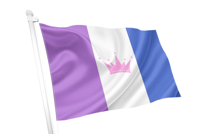 Drag Pride Flag with purple, white, and blue horizontal stripes and a pink crown in the center on a white background.