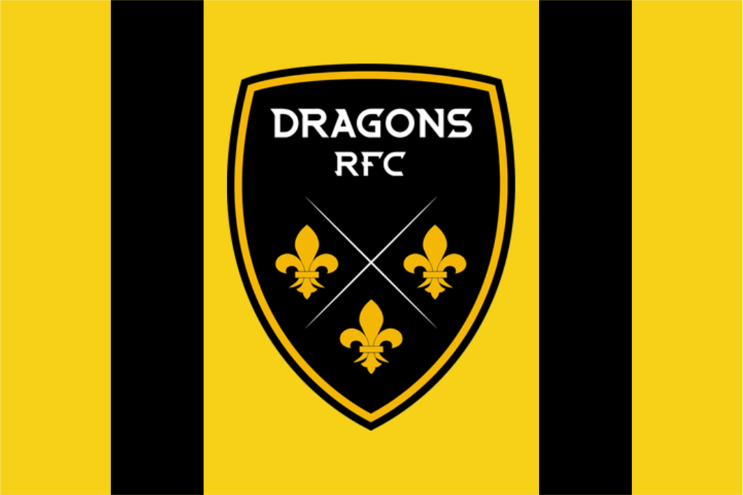 Dragon RFC logo on a yellow and black striped background