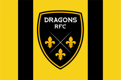 Dragon RFC logo on a yellow and black striped background