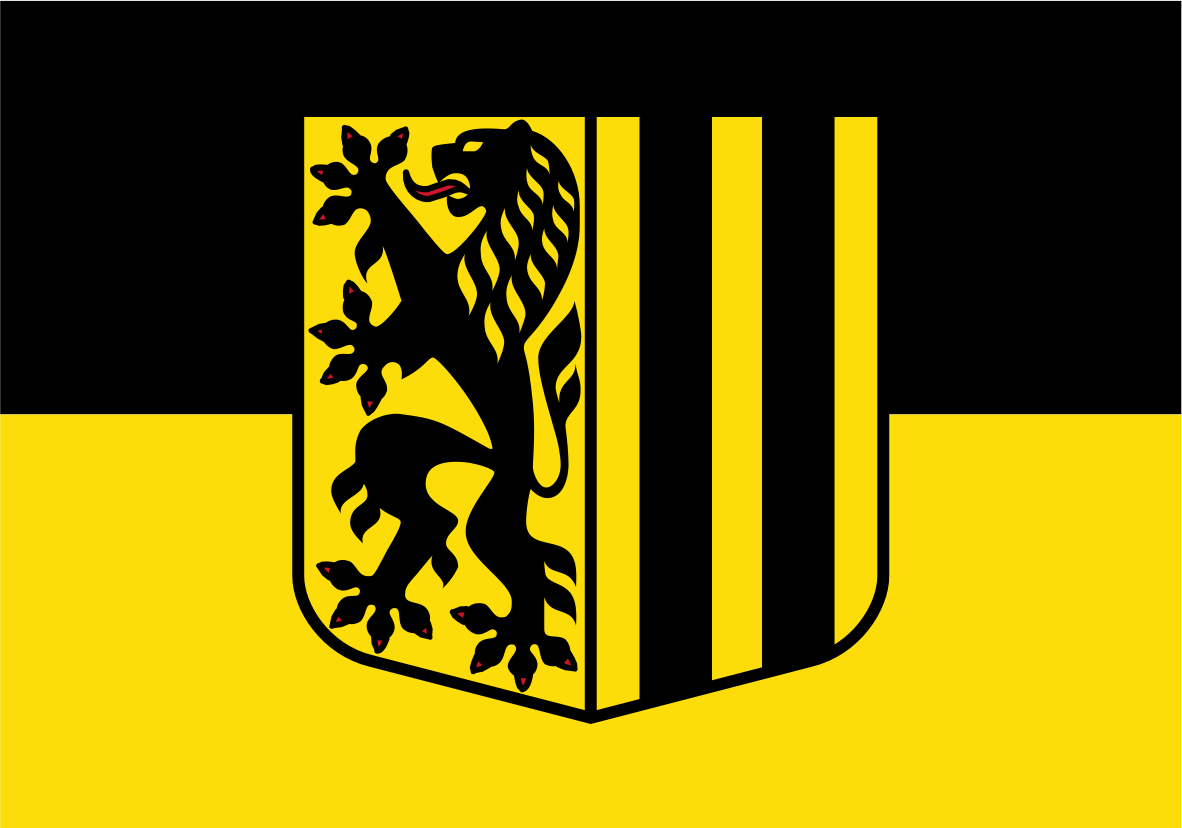 Dresden Flag. A black and yellow graphic design featuring a central shield with a black lion rampant on a yellow background and vertical black stripes on the right side, set against a split black and yellow backdrop.