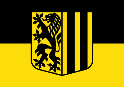Dresden Flag. A black and yellow graphic design featuring a central shield with a black lion rampant on a yellow background and vertical black stripes on the right side, set against a split black and yellow backdrop.