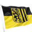 Dresden Flag. A black and yellow flag on a white pole, featuring a black shield with a lion and vertical stripes, isolated on a white background.