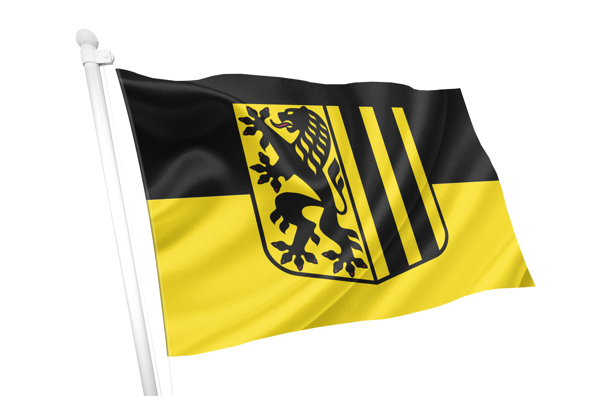 Dresden Flag. A black and yellow flag on a white pole, featuring a black shield with a lion and vertical stripes, isolated on a white background.