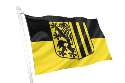 Dresden Flag. A black and yellow flag on a white pole, featuring a black shield with a lion and vertical stripes, isolated on a white background.