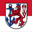 Dusseldorf Flag. A heraldic shield featuring a red lion rampant with a blue crown and blue anchor, centered on a white field, with a red and white horizontal bicolor background.