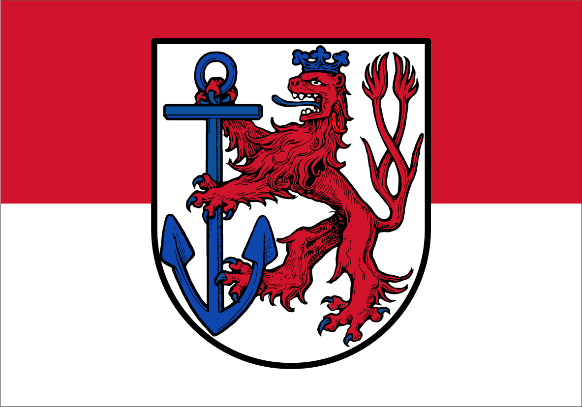 Dusseldorf Flag. A heraldic shield featuring a red lion rampant with a blue crown and blue anchor, centered on a white field, with a red and white horizontal bicolor background.