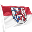 Dusseldorf Flag. A red and white horizontal bicolor flag with a central coat of arms featuring a red lion rampant and a blue anchor, shown waving on a white flagpole against a plain white background.