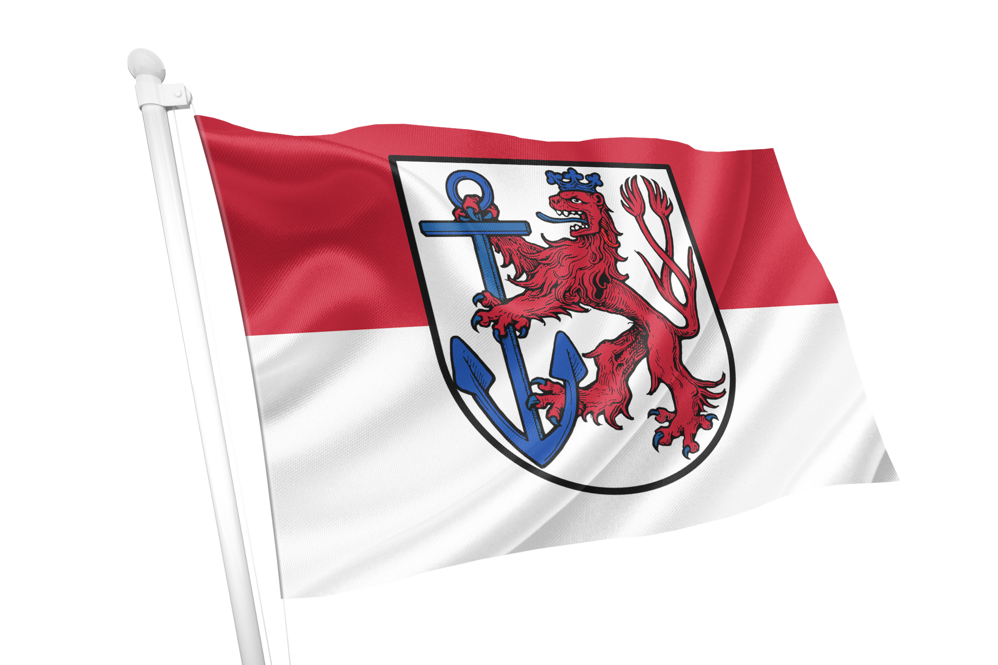 Dusseldorf Flag. A red and white horizontal bicolor flag with a central coat of arms featuring a red lion rampant and a blue anchor, shown waving on a white flagpole against a plain white background.